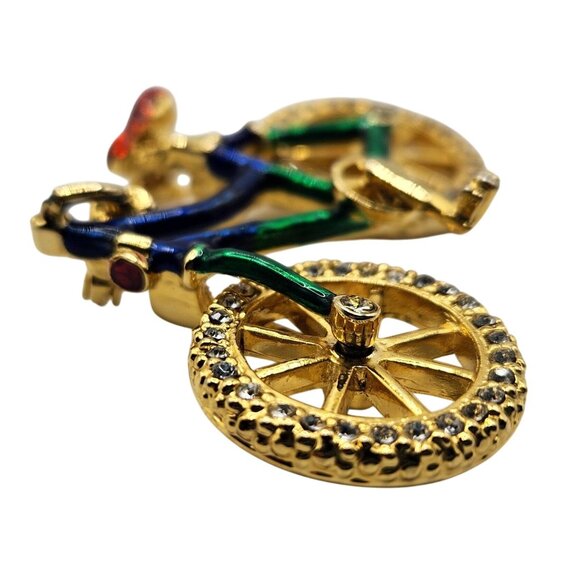 Vintage Enamel Rhinestone Bicycle Brooch Pin, Colorful Articulated Wheels - Picture 6 of 7